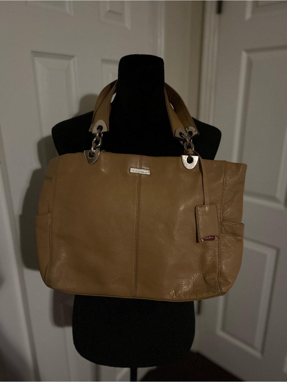 Calvin Klein Tan Pebbled Leather Tote with Silver Hardware